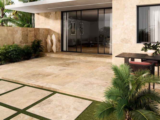 Degrau cerâmico Izmir 33x120 com acabamento boleado aplicado em escadas exteriores com visual travertino