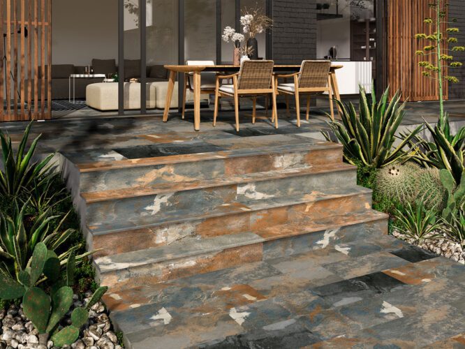 Degrau cerâmico Andorra 33x120 com acabamento boleado aplicado em escada exterior de jardim