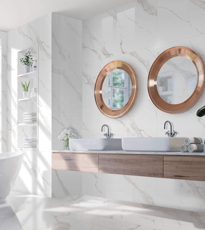 Casa de banho com pavimento cerâmico Carrara Cinza – veios naturais cinzentos e acabamento polido