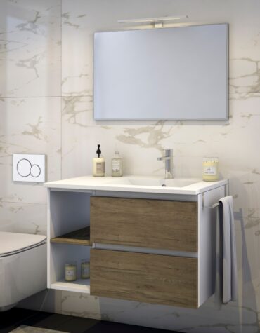 Móvel de casa de banho suspenso design Ibis com lavatório cerâmico, gaveta e prateleira aberta lateral.