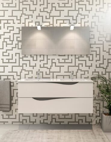 Móvel de casa de banho geométrico Royal suspenso, com duas gavetas de recortes sinuosos e tampo branco com dois lavatórios de encastrar