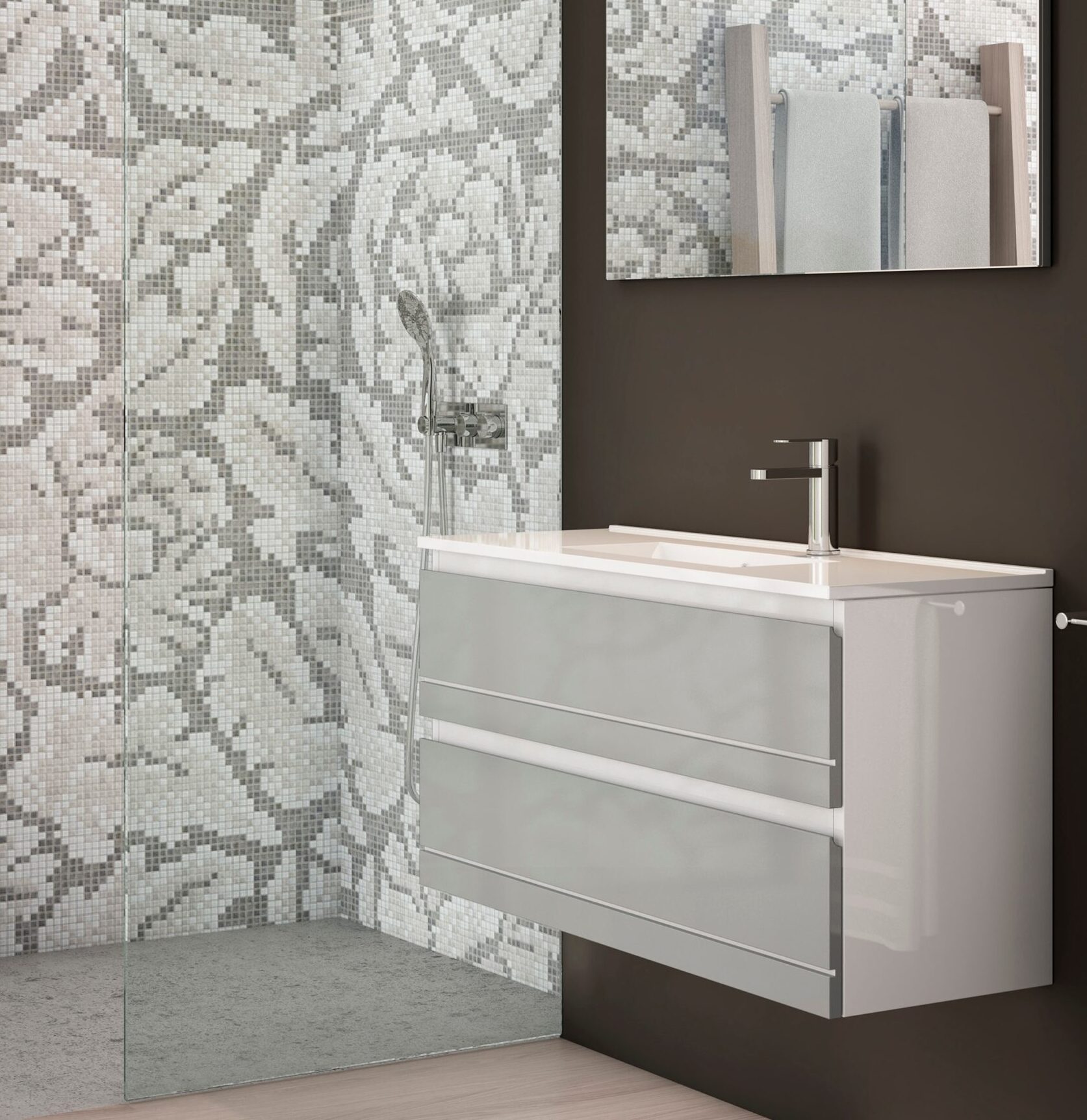 Movel suspenso de casa de banho Hilton 4 Movel suspenso de casa de banho Hilton com duas gavetas largas e lavatório cerâmico embutido no tampo, instalado numa parede escura.