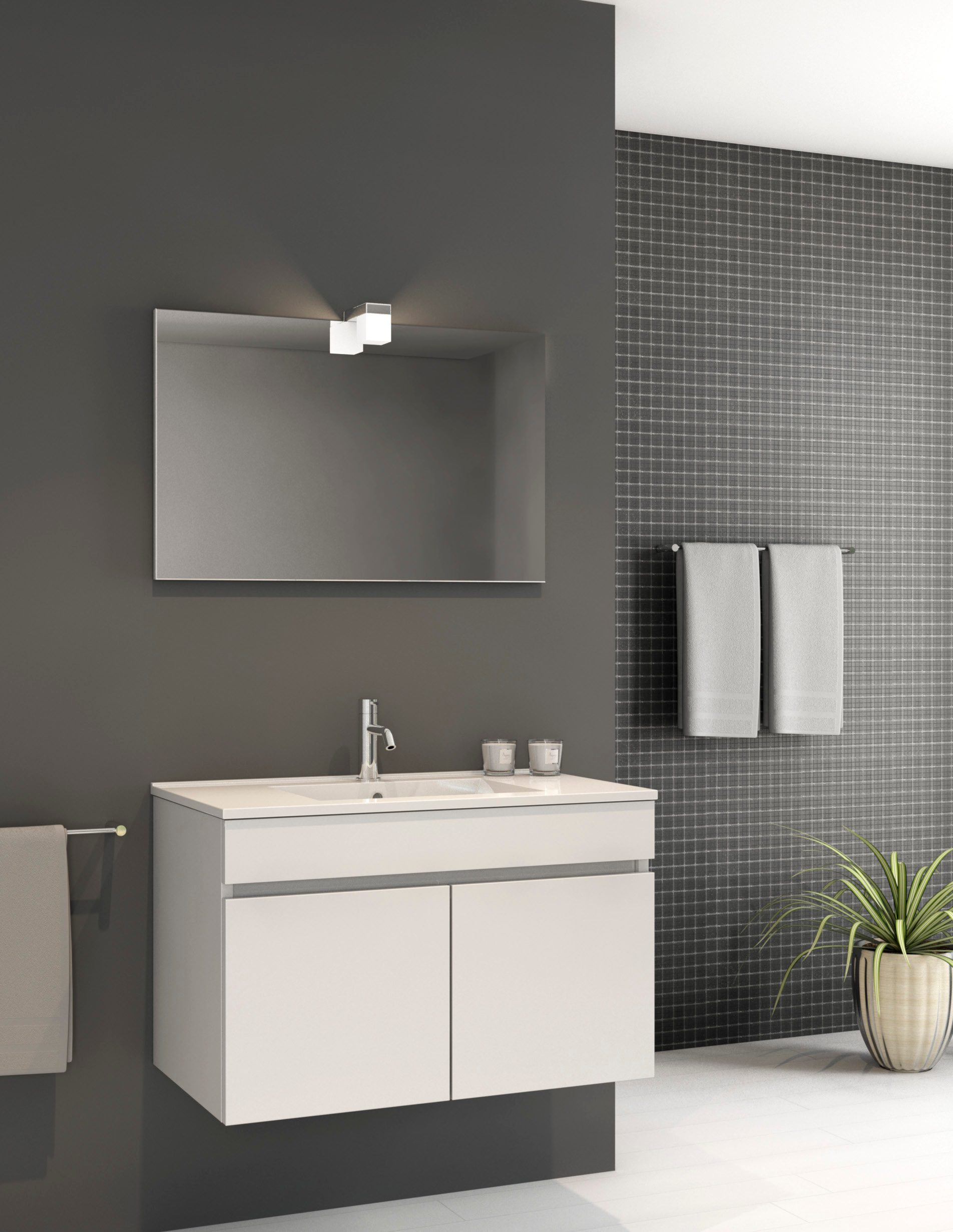 Móvel de casa de banho suspenso com portas Porto 2 Detalhe do móvel de casa de banho suspenso Porto mostrando as portas alinhadas e o lavatório cerâmico de encostar