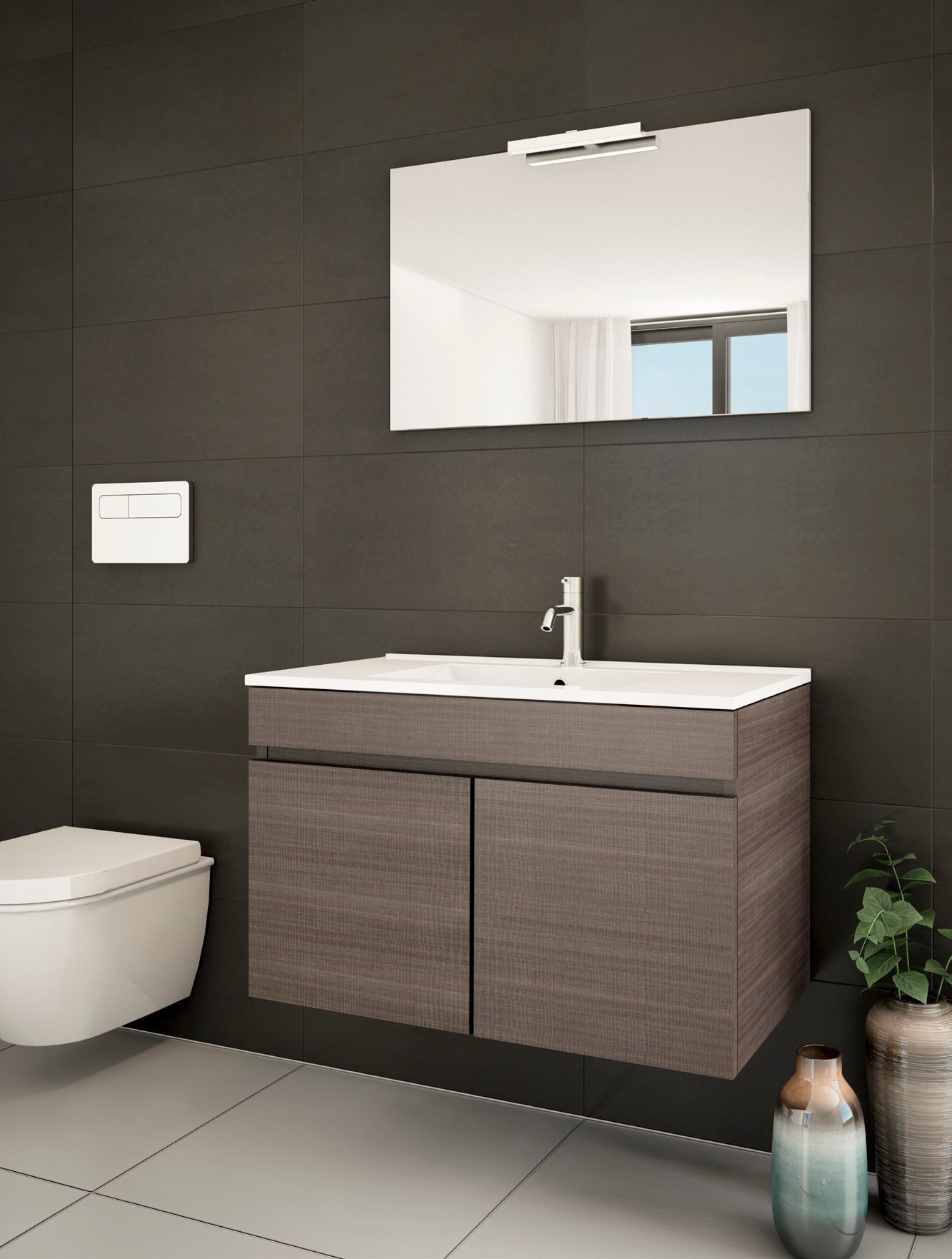 Móvel de casa de banho suspenso com portas Porto 3 Perspetiva lateral do móvel de casa de banho suspenso com portas Porto montado na parede, sem gavetões inferiores.