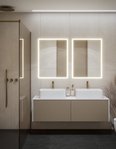 Móvel de casa de banho com tampo New Ripper suspenso na parede, corpo ripado em melamina e tampo contínuo branco com cubas de apoio.