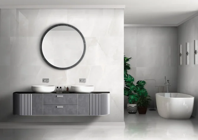 Ambiente moderno com pavimento Brescia – base neutra e luminosa em estilo contemporâneo