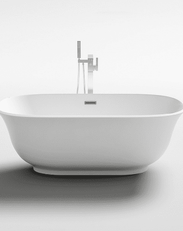 Banheira decorativa Savana com design oval e instalação freestanding ao centro da casa de banho