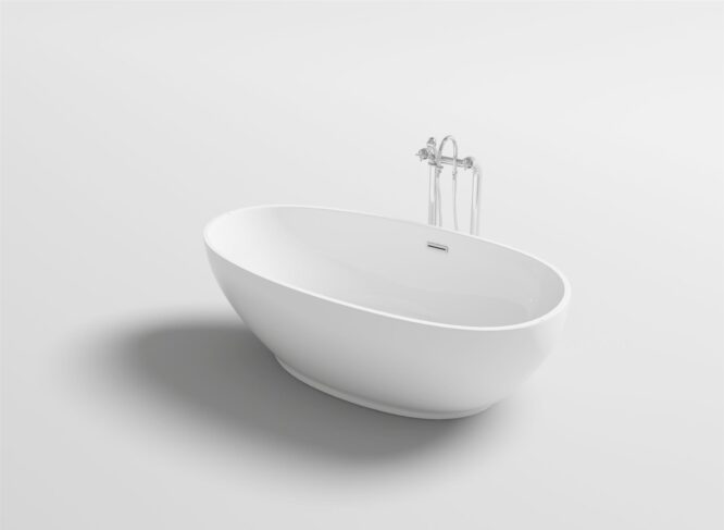 Banheira freestanding San com forma oval assimétrica e design escultural para instalação ao centro