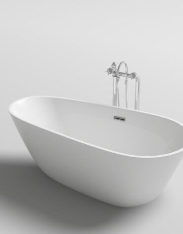 Banheira independente Constance com encosto elevado e linhas assimétricas para casas de banho com design contemporâneo