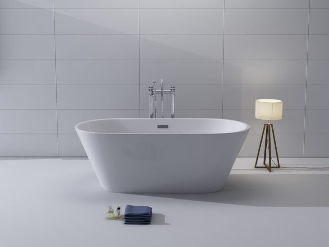 Banheira de centro Lugano com design moderno, instalada ao centro de casa de banho minimalista