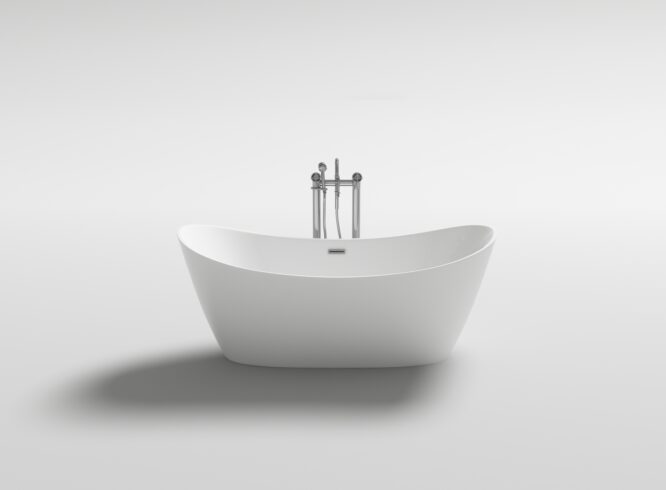 Banheira freestanding Bolero com linhas simétricas e design oval, ideal para instalação central em casas de banho modernas