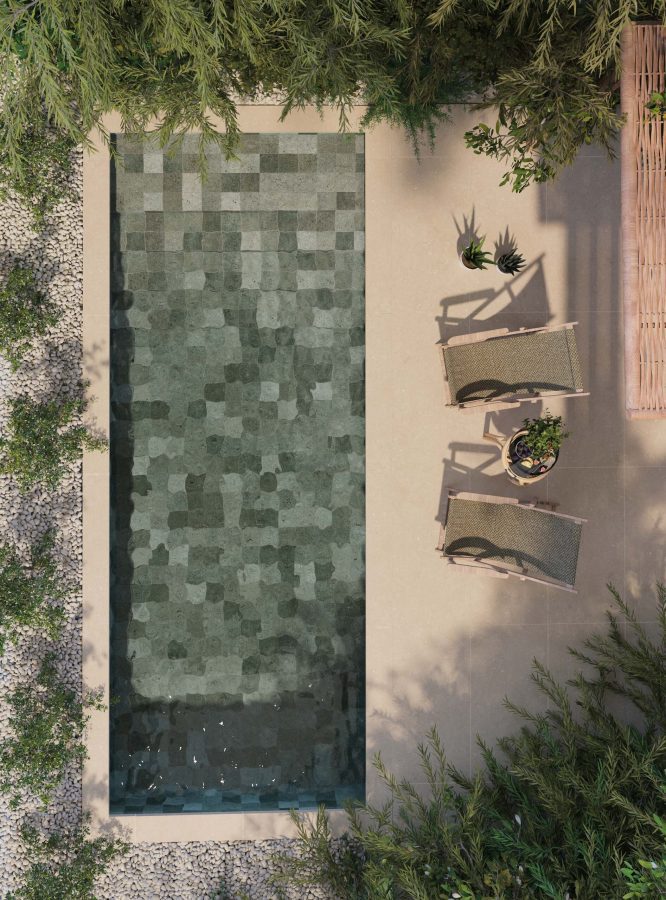 Azulejo para piscina Bali Verde 15x15 aplicado em fundo de piscina com água cristalina e efeito tropical