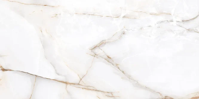 Detalhes da cerâmica Aral – textura marmorizada branca com estética luxuosa