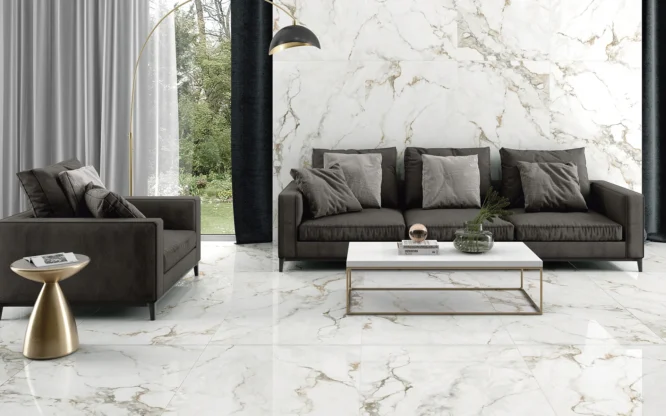 Sala com pavimento cerâmico Diphda Gold marmore 60x120 – mármore polido branco com veios dourados