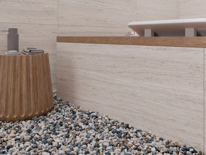 Detalhe do pavimento ceramico Travertino Olimpo em tom bege – veios naturais e acabamento mate