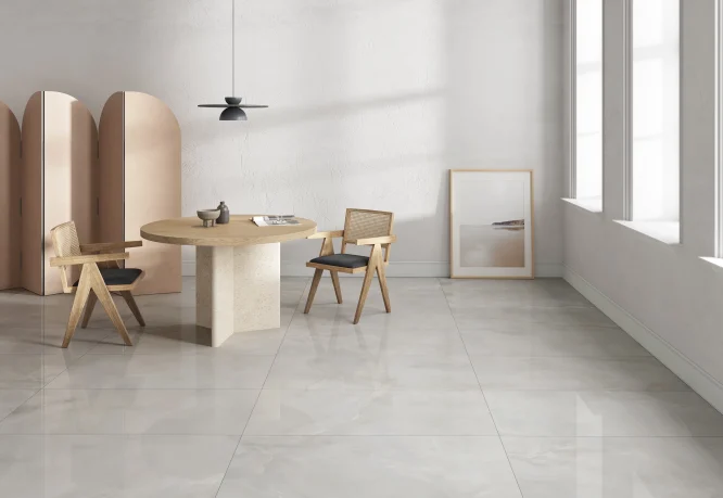 Sala com pavimento cerâmico Onyx polido branco – brilho e elegância