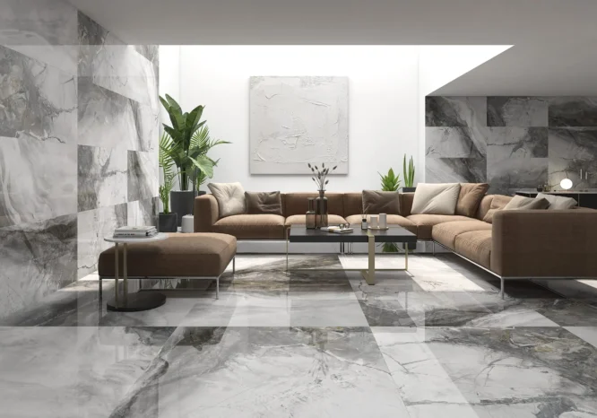 Sala moderna com chão em cerâmica polida Indivisible – decoração sofisticada e contemporânea