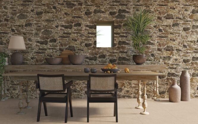 Parede com revestimento pedra rústica Muralla em estilo pedra rústica, junto a escadas suspensas em ambiente moderno.