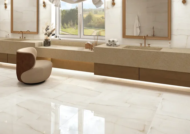 Casa de banho elegante com pavimento cerâmico Ónice Light – superfície brilhante e luminosa
