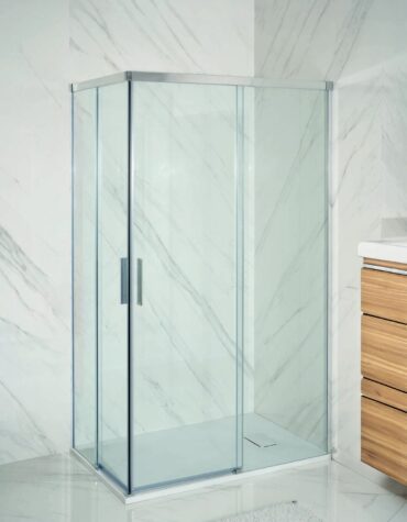 Cabine de canto de duche Adelaide com vidro temperado e perfis inox escovado, portas de correr em ângulo