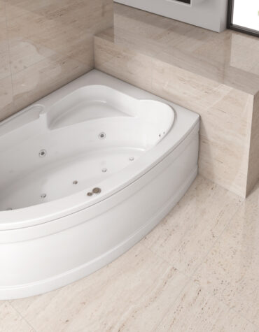 banheira Cam&eacute;lia branca de canto com curvas suaves e design ergon&oacute;mico