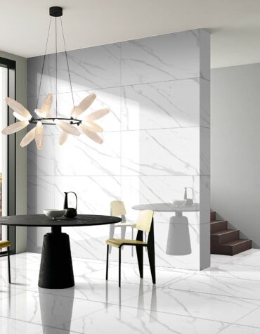 Cerâmica Calacata Grey com fundo branco e veios cinza elegantes