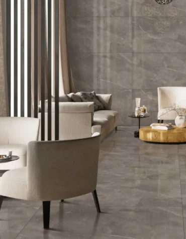 Cerâmica 60x120 Armani Gris com fundo cinza polido e veios subtis