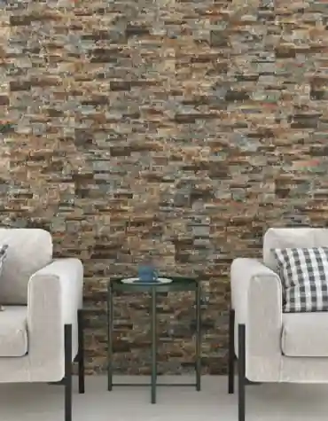 Parede com revestimento cerâmico imitação xisto Ohio em tons de cinza e efeito texturado