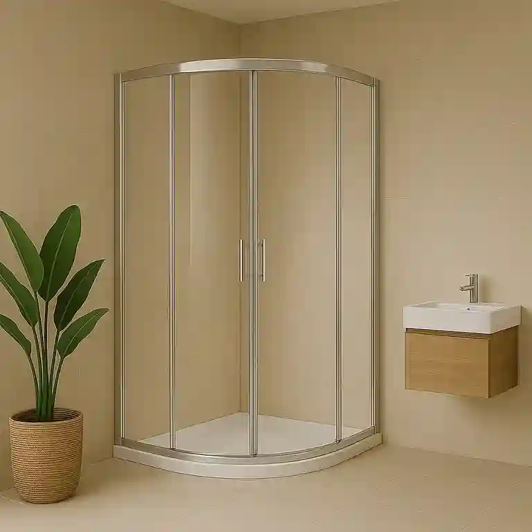 Cabine de duche de canto redonda Altamira 1 Cabine de duche de canto redonda Altamira com portas de correr curvas em vidro temperado e perfis cromados, instalada sobre base quadrante e revestimentos claros.