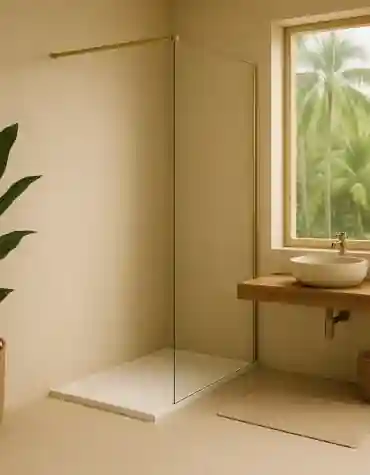 Painel de duche fixo Itália em vidro temperado com perfil metálico minimalista, instalado sobre base de duche contínua, contra parede de azulejos claros.