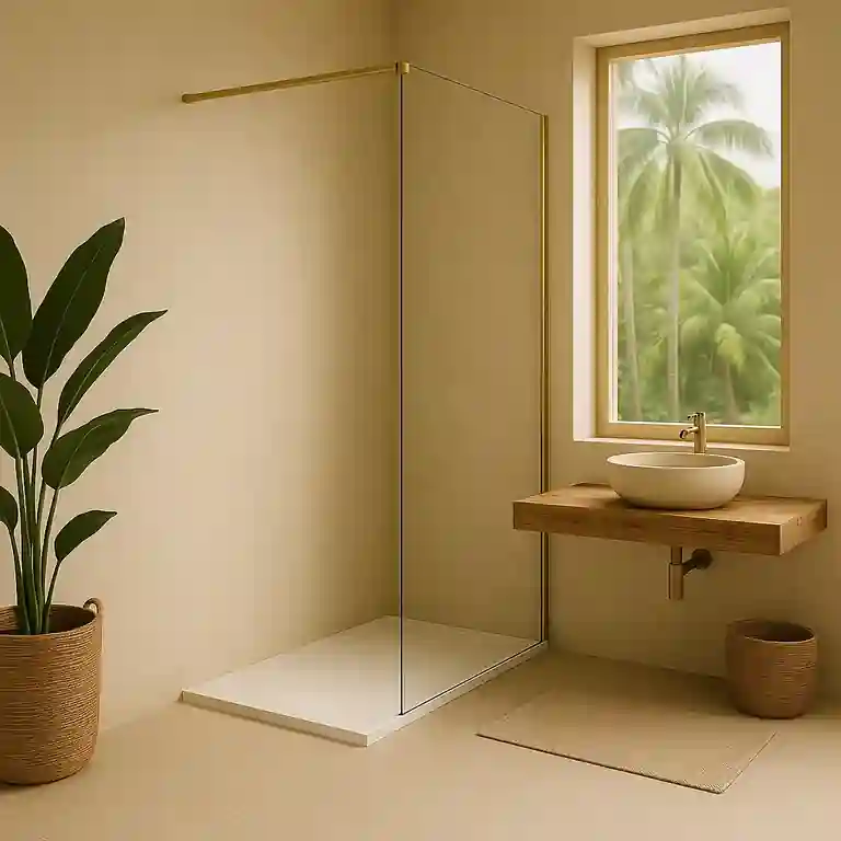 Painel de duche fixo Itália em vidro temperado com perfil metálico minimalista, instalado sobre base de duche contínua, contra parede de azulejos claros.