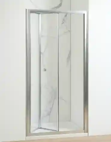 Porta de duche de fole Nazaré em canto, com perfis de alumínio e vidro temperado montada numa base de duche retangular