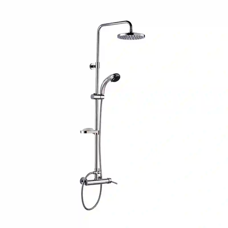 Coluna de duche Perfeita com chuveiro superior, duche de mão e prateleira integrada sobre fundo neutro