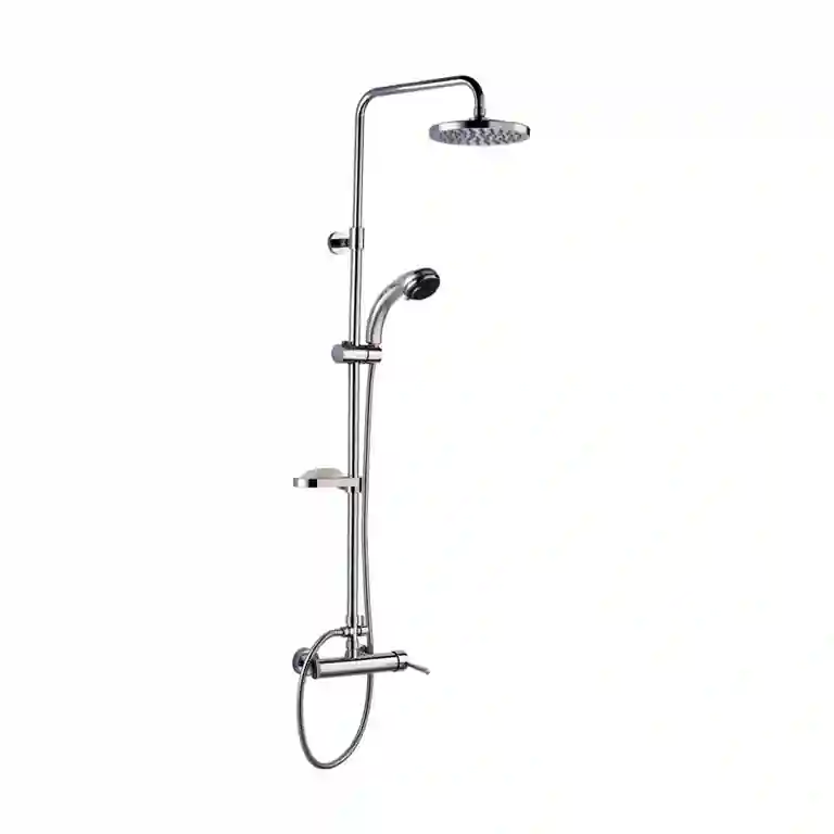 Coluna de duche Perfeita com chuveiro superior, duche de mão e prateleira integrada sobre fundo neutro