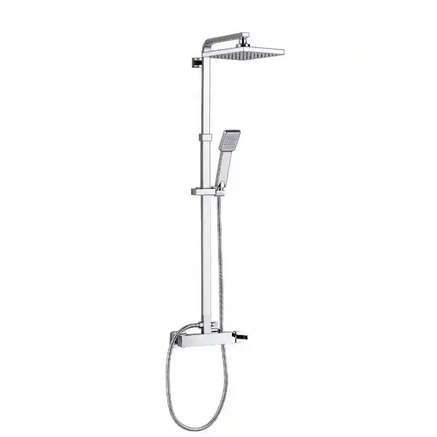 Coluna de duche Quadra com design geométrico instalada em ambiente de banho contemporâneo com formas lineares