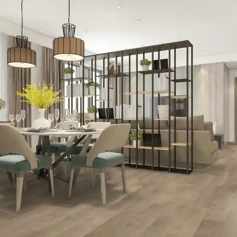 Soalho Vinílico SPC Winter Wood 5.5 mm TRV017 instalado numa sala ampla com decoração em estilo escandinavo