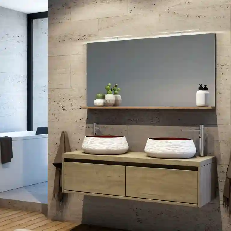 Móvel de casa de banho com tampo Sleep 1 Móvel de casa de banho com tampo Sleep suspenso em melamina, com dois gavetões e nicho inferior aberto, e lavatório cerâmico de encostar.