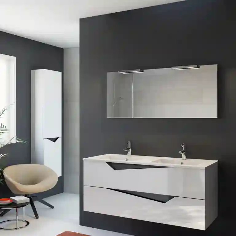 Movel casa de banho suspensa Splendia frisos recortadas e frisos interiores lacados, corpo branco e pés metálicos, contra parede clara