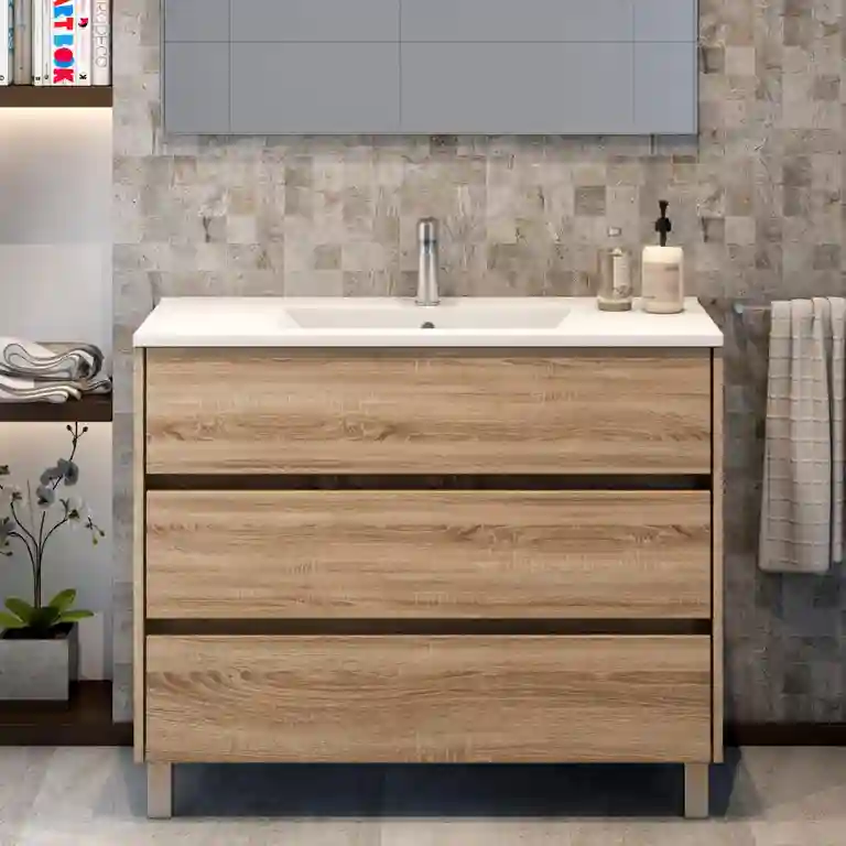 Movel de casa de banho Axis 3 gavetas 1 Movel de casa de banho Axis 3 gavetas em melamina de carvalho claro, com lavatório cerâmico de encostar e pés metálicos.