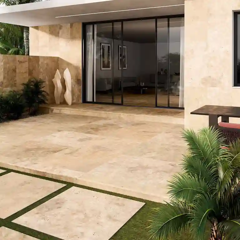 Degrau Cerâmico Izmir 33x120 1 Degrau cerâmico Izmir 33x120 com acabamento boleado aplicado em escadas exteriores com visual travertino