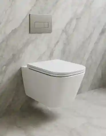 Sanita suspensa quadrada Atlanta instalada em parede com efeito mármore – design moderno e flutuante.