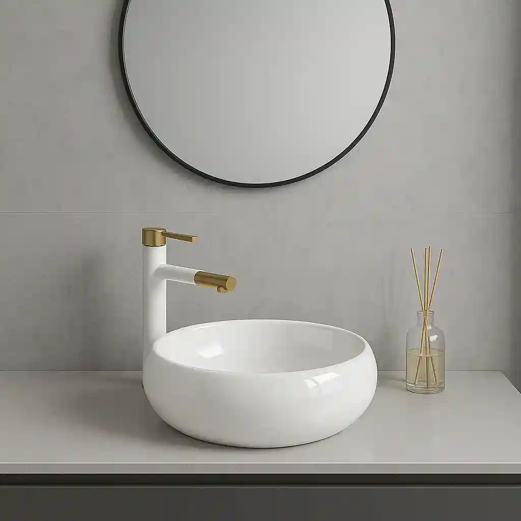 Lavatório de pousar redondo branco Seul em cerâmica minimalista