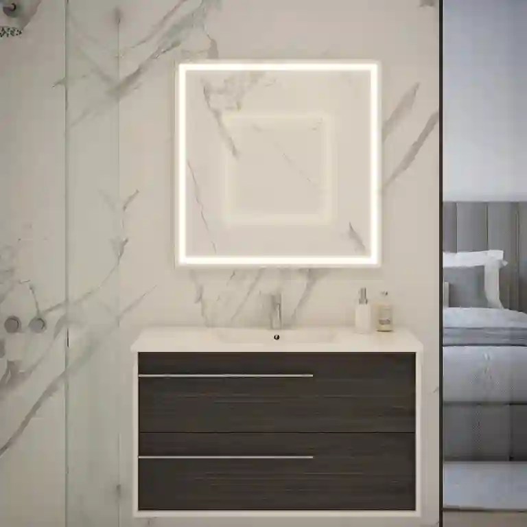 Móvel de casa de banho suspenso Tulip 1 Móvel de casa de banho suspenso Tulip com duas gavetas largas em melamina e lavatório cerâmico de encostar, fixado na parede.