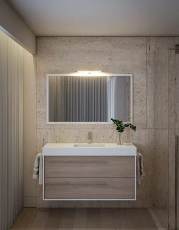 Móvel de casa de banho com bancada Tulip suspenso, tampo em melamina clara com duas gavetas abertas e lavatório de pousar em cerâmica