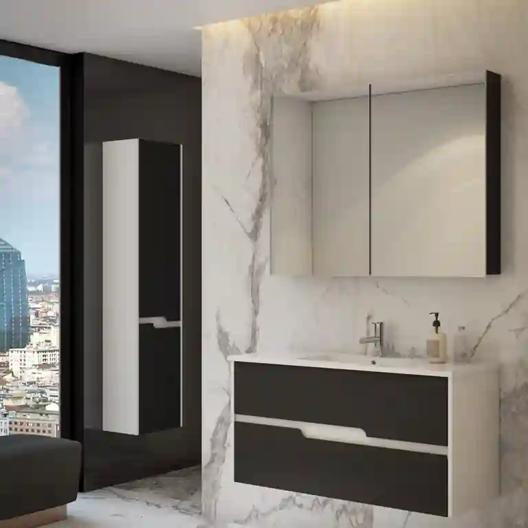 Móvel de casa de banho Helius gavetas suspenso com duas gavetas lacadas escuras e tampo branco contínuo, contra parede de mármore