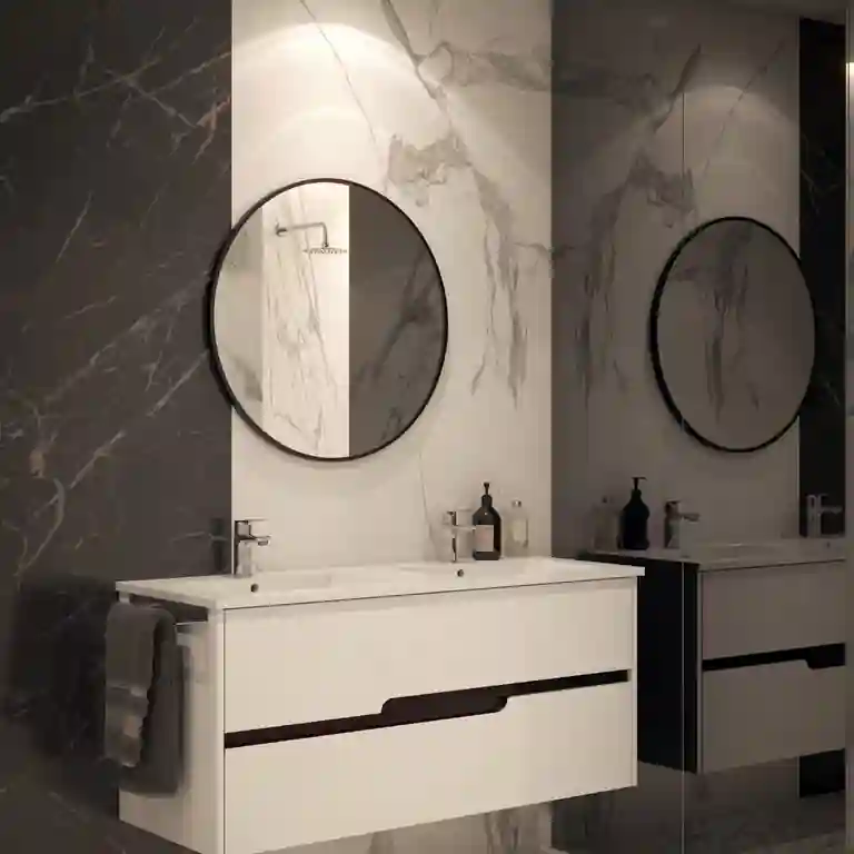 Móvel de casa de banho Helius frisos suspenso com duas gavetas brancas, friso interior lacado a vermelho profundo e tampo com lavatório encastrado.