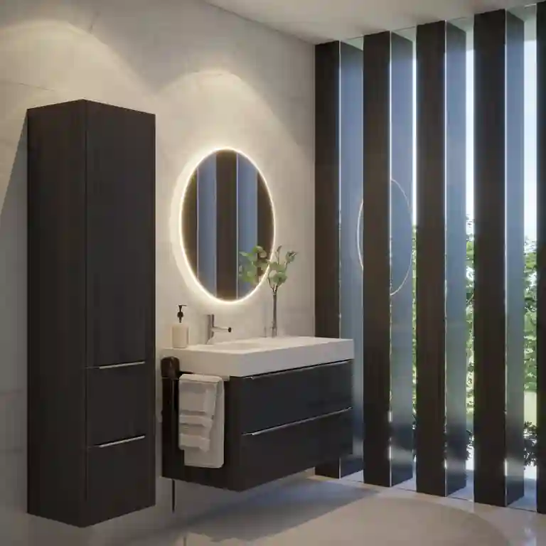 Movel de wc com bancada gel coat Samos 1 Móvel de WC com bancada Gel Coat Samos suspenso em melamina antracite, com lavatório de encastrar branco e coluna alta lateral.