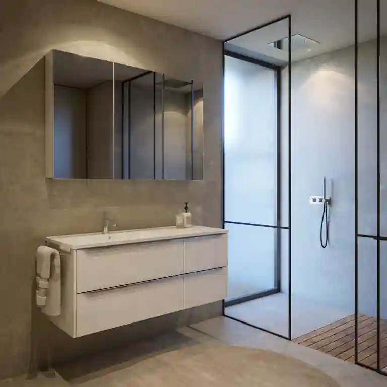 Perspetiva lateral do móvel de wc suspenso Samos, mostrando a fixação em parede e o espaço livre por baixo