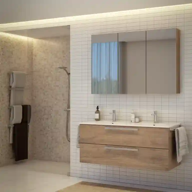 Móvel de casa de banho Accor suspenso com puxadores metálicos e lavatório cerâmico de encostar, duas gavetas amplas