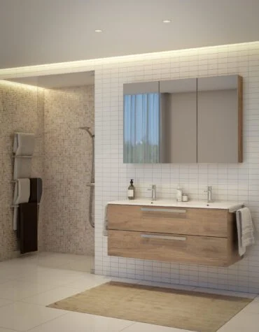 Móvel de casa de banho Accor suspenso com puxadores metálicos e lavatório cerâmico de encostar, duas gavetas amplas